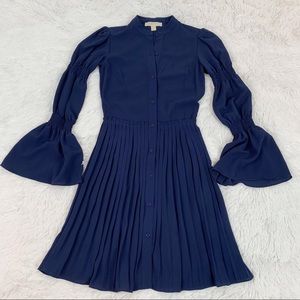 Michael Kors bell sleeve pleated button front dress navy blue